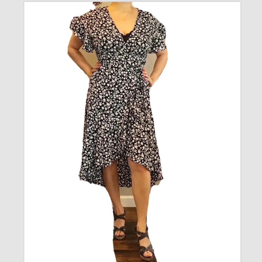Max Studio Ruffle Crepe High Low V Neck Wrap Short Sleeve Midi Dress